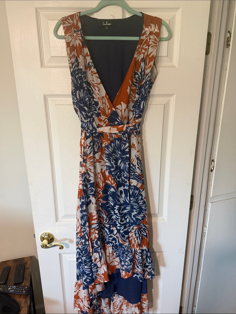 Lulu's Navy, Rust, and Cream Floral High-Low Wrap Dress